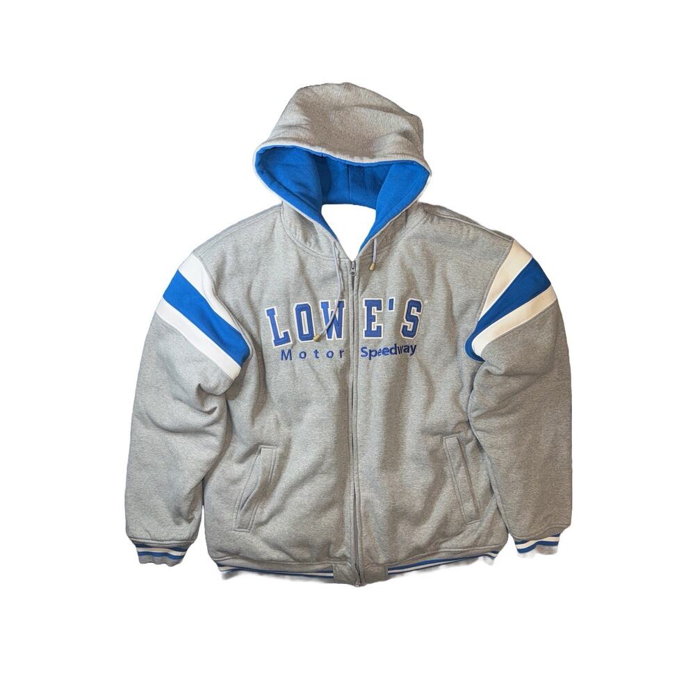 Vintage Lowe’s Motor Speedway Grey Stripe Hoodie Blue puffer lined Jacket 2XL